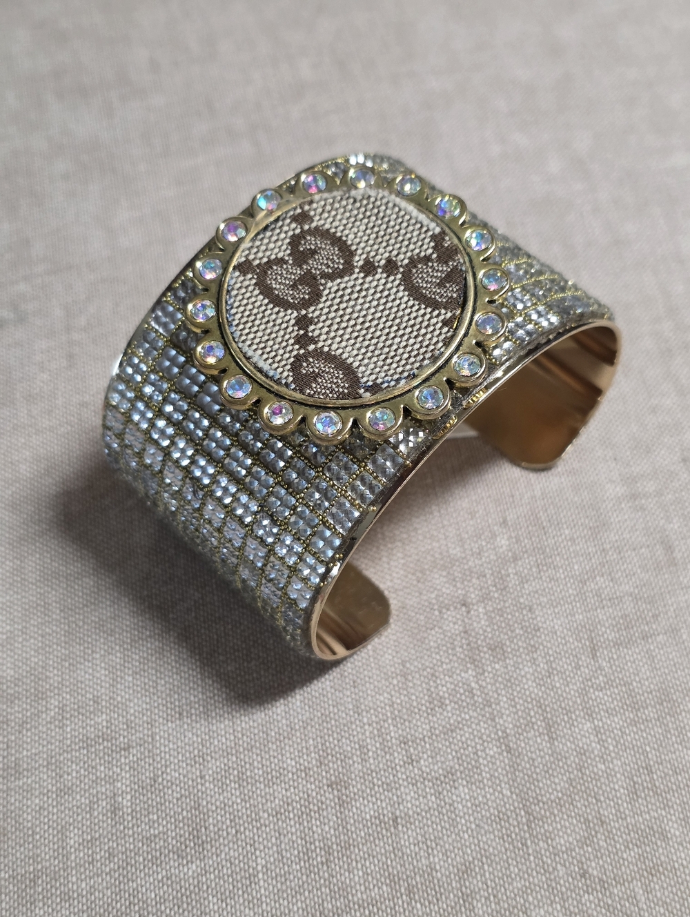 Large Beautiful Designer Inspired Rhinestone Gold Cuff Bracelet